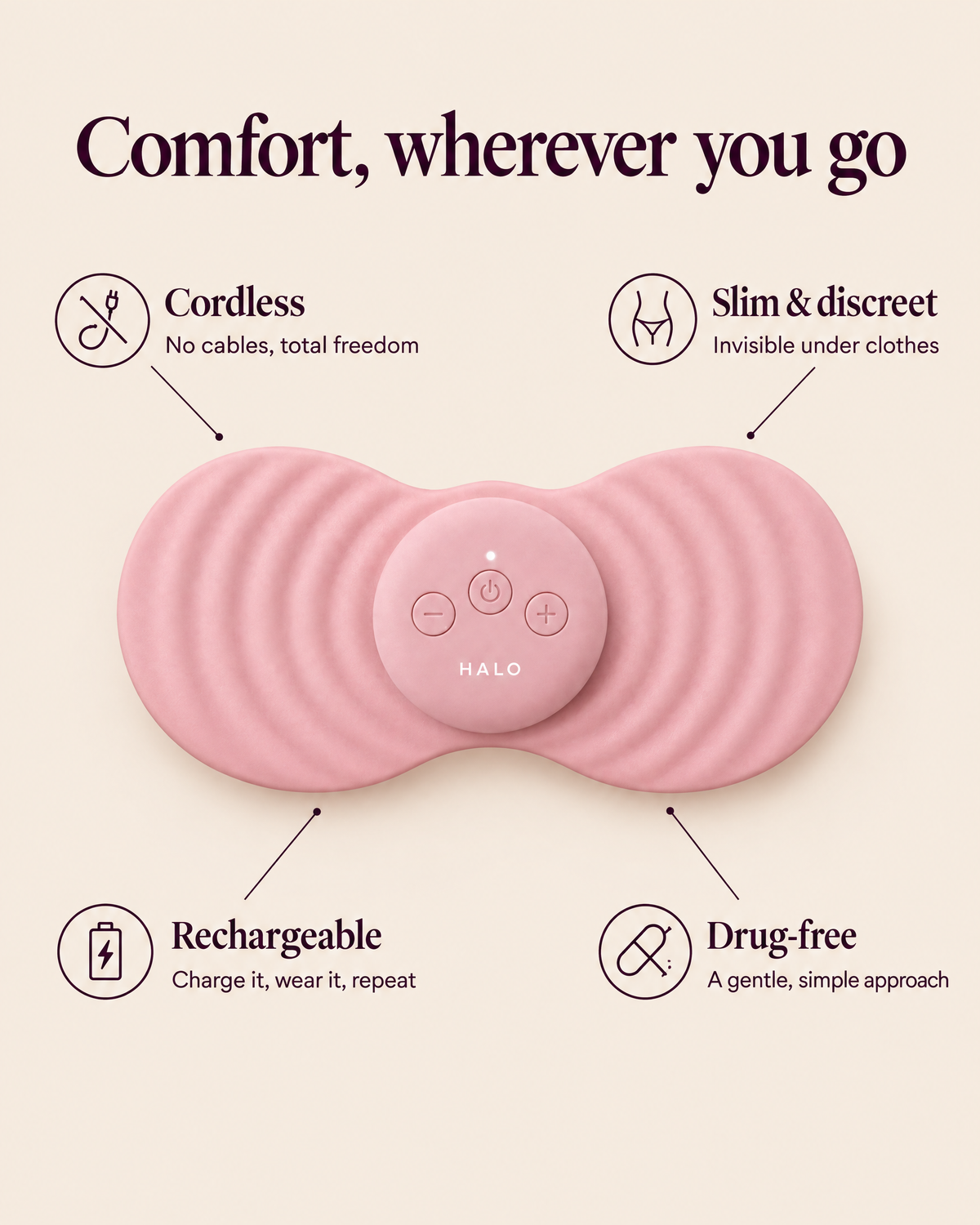 HALO benefits: cordless, slim and discreet, rechargeable, drug-free
